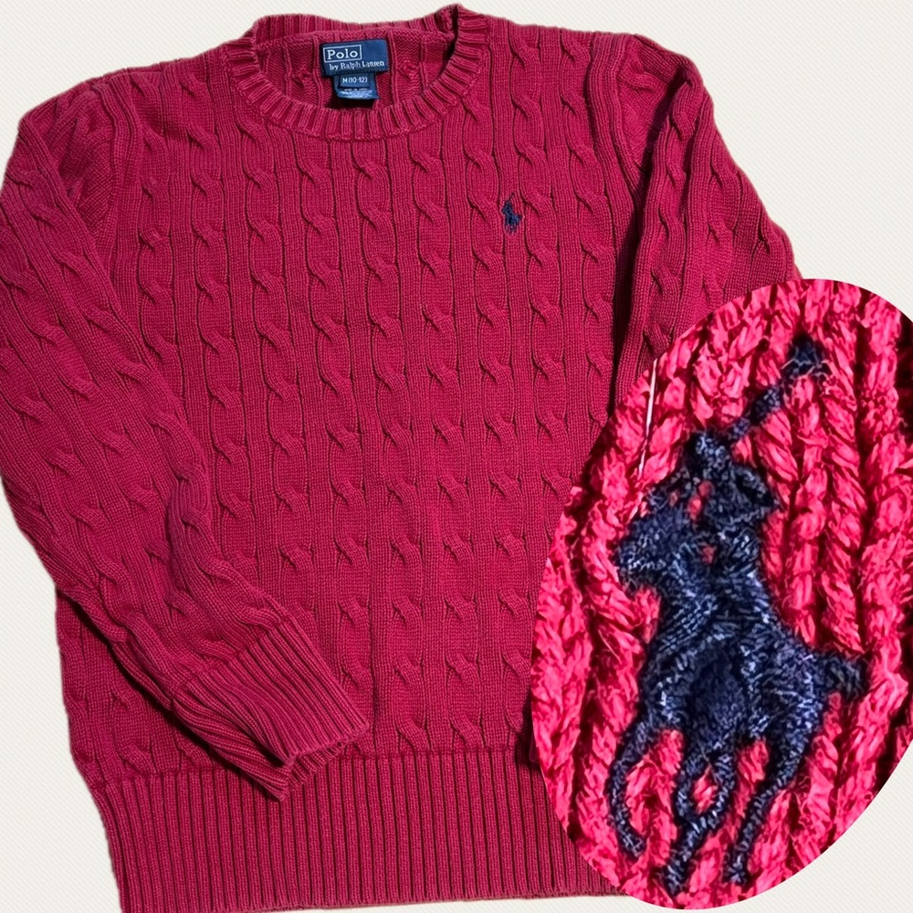 VINTAGE Polo Ralph Lauren boys cable knit sweater 100% cotton red navy horse 90s